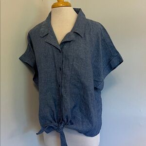 Charter Club 100% Linen Luxury Chambray Button-Down Tie Front Shirt XL Like New